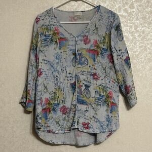 CMC Color Me Cotton Bicycle Floral Gauze V-Neck Blouse Blue Multi Whimsical M